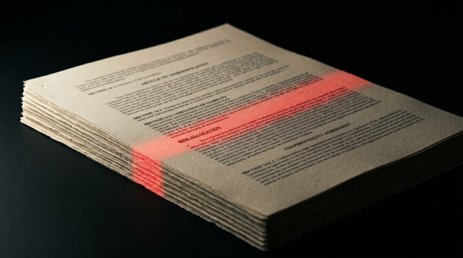 A stack of contract pages on a black desk with a single crimson light isolating a liability and risk-allocation clause